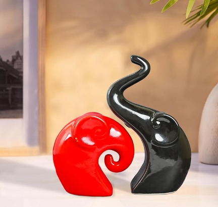 Elephant Family Showpiece, Ceramic Gloss Finish Auspicious Figurines for Living Room, Office, Bedroom (Set of 2)