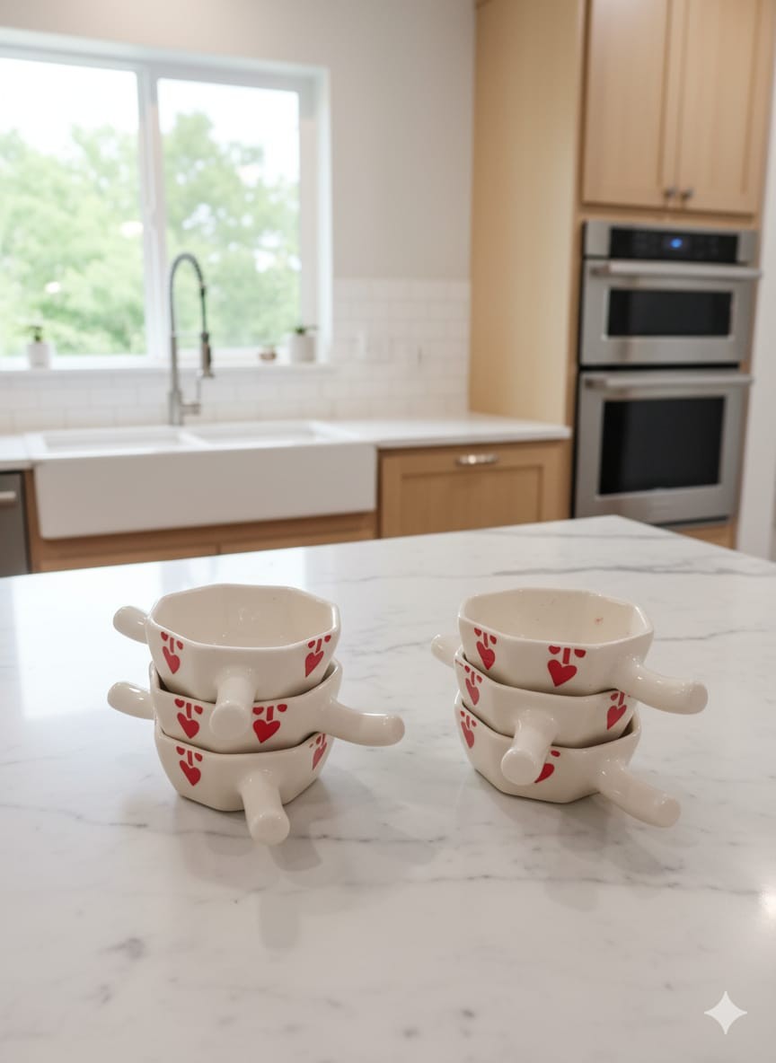 Set of 6 Charming Handled Ceramic Bowls with Red Hearts (Ideal for Soup, Dips, Desserts, and Appetizers)