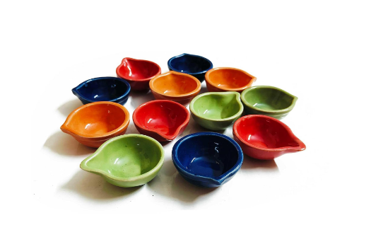 Ceramic Diya for Home Ceramic Reusable Diya in Different Colors Diwali | Navratri | New Home Temple Puja Articles Décor Gifts Set (Pack of 12)