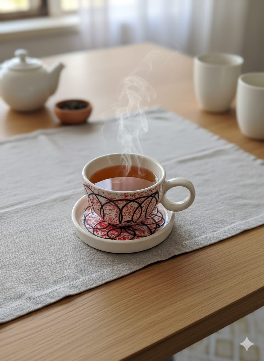 Cup and Saucer Set Material: Appears to be ceramic or porcelain with a smooth, glazed finish.