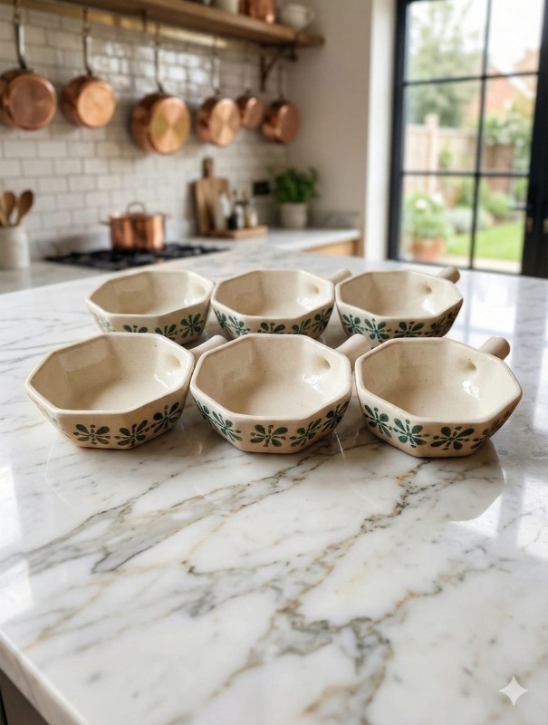 Set of 6 Ceramic Hexagonal Chutney Bowls | Green Floral Print Dip & Sauce Katori with Handle | Rustic Small Serving Bowls for Dining & Snacks