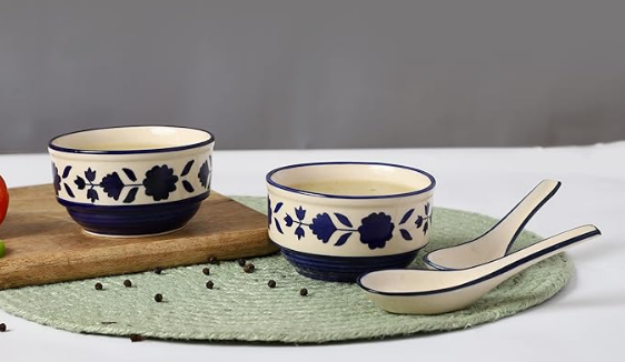 Ceramic Handcrafted Stoneware Royal Blue Soup Bowl/Serving Bowl(4" Diameter) with Soup Spoon-Set of 1 (bowl + spoon )(250ml, Microwave & Dishwasher Safe,Soup Bowl Set for Kitchen