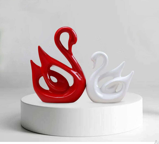 Happy Swan Couple Piano Finish Ceramic Figures for Home Decor (Set of 2 Pieces, Large, White & Red)