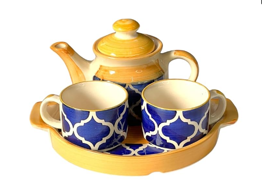 Hand Painted Ceramic Tea Kettle Set "2" - Chip and Heat Resistant Good Morning Set in Multi-Colored - 180 ml 2 Cups, 600 ml Kettle, and 1 Ceramic Tray (Yellow Shine Set of 1)