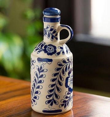 Mughal Hand-Painted Ink Blue Decorative Ceramic Oil Bottle (1000 Ml)