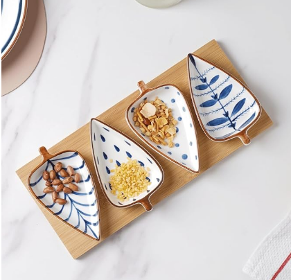 Ceramic Serving Platter | 4 Small Leaf-Shaped Plates with 1 Wooden Tray | Perfect for Serving Sweets, Cookies, Dry Fruits, Mouth Freshner & Snacks (Blue & White)