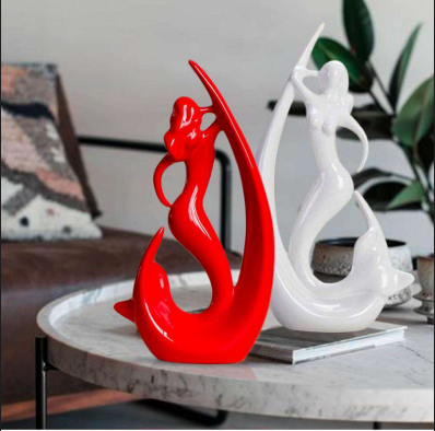 Home Decor Jalpari Statue Red & white Finish Ceramic Figures showpiece - (Set of 2 Red and white ))